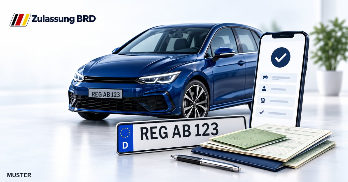 Online Fahrzeugzulassung in Regen: Musterkennzeichen REG AB 123, Auto und Fahrzeugpapiere und Smartphone. Illustration mit Logo von Zulassung BRD.